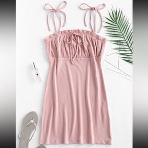 ZAFUL Waist Ruffles Bow Tie-Strap Pink Mini Cami Dress